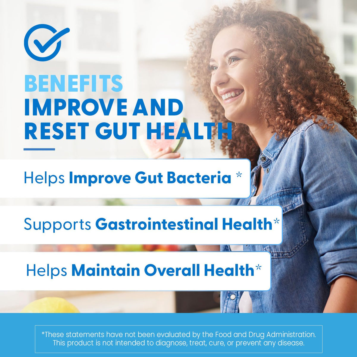 Smiling woman in kitchen with banners about improving gut bacteria and gut health promoting zinc carnosine supplement UAE