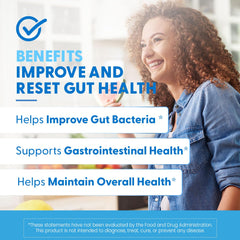 Smiling woman in kitchen with banners about improving gut bacteria and gut health promoting zinc carnosine supplement UAE