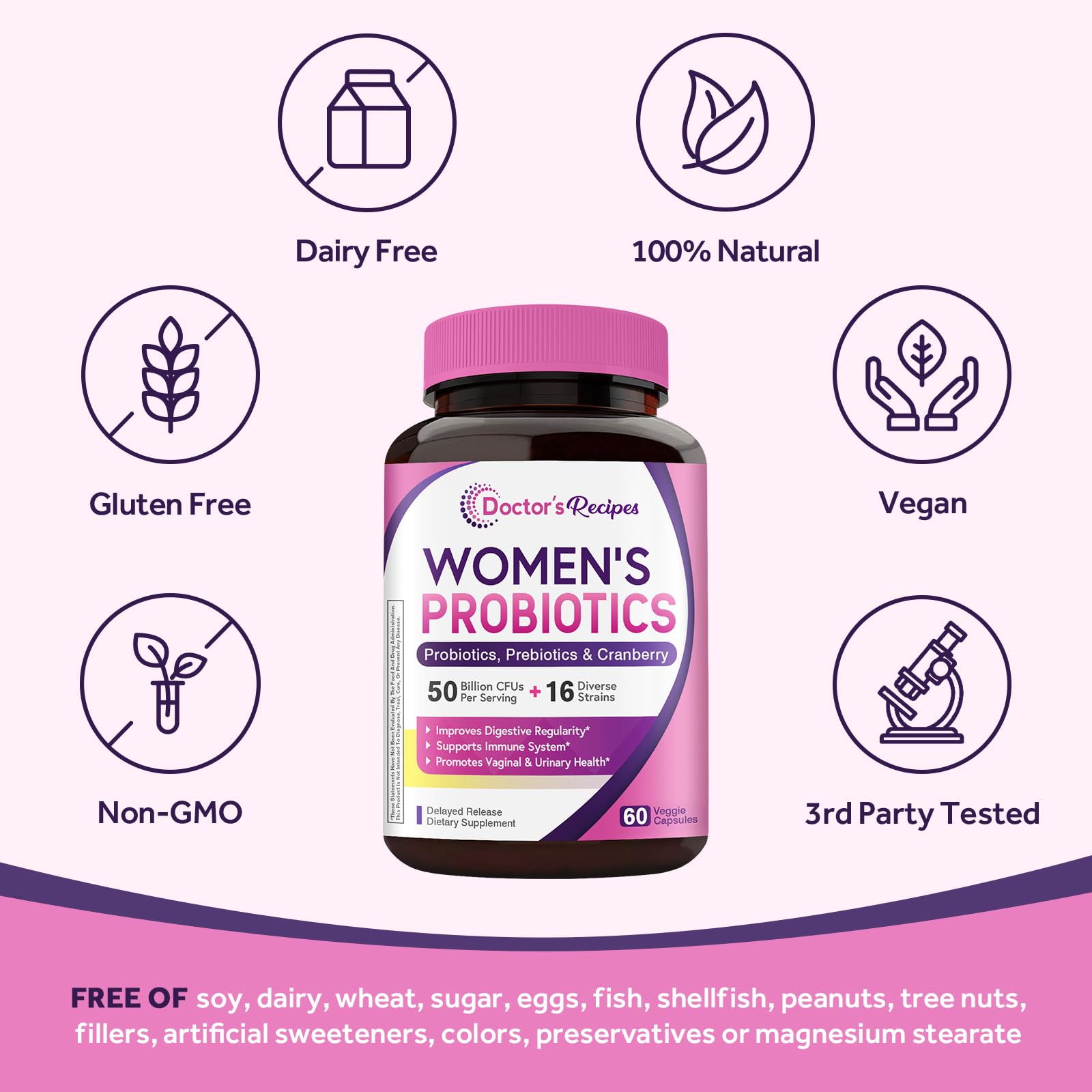 Doctors Recipes Womens Probiotics bottle with dairy free vegan gluten free icons probiotics for women 50 billion CFU