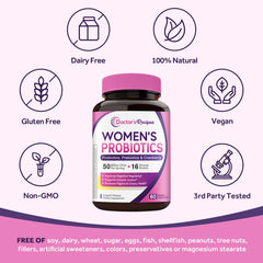 Doctors Recipes Womens Probiotics bottle with dairy free vegan gluten free icons probiotics for women 50 billion CFU