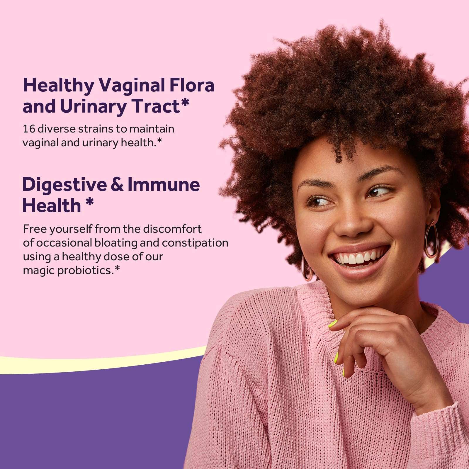 Doctors Recipes probiotics for women 50 billion CFU supplement ad with smiling woman and digestive and vaginal health text