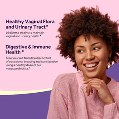 Doctors Recipes probiotics for women 50 billion CFU supplement ad with smiling woman and digestive and vaginal health text
