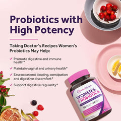 Doctors Recipes Womens Probiotics bottle beside fruit bowls and benefits text highlighting probiotics for women 50 billion CFU