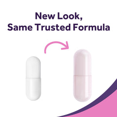 Doctors Recipes probiotics for women 50 billion CFU showing old white capsule and new pink capsule with arrow and New Look text