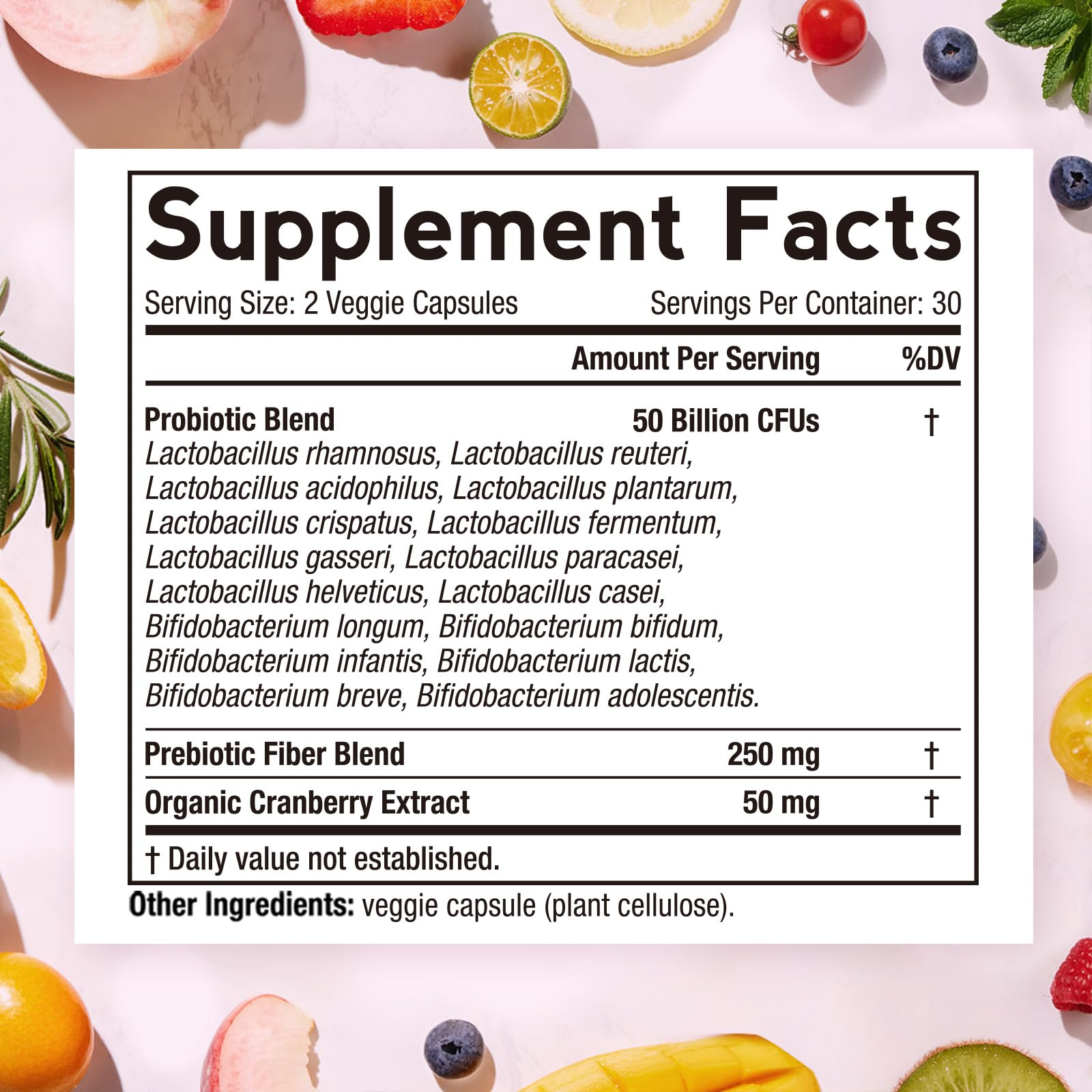 Supplement facts label showing probiotic blend 50 Billion CFUs and prebiotic fiber probiotics for women 50 billion CFU