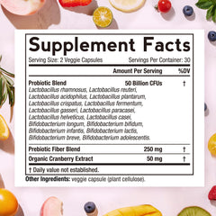 Supplement facts label showing probiotic blend 50 Billion CFUs and prebiotic fiber probiotics for women 50 billion CFU