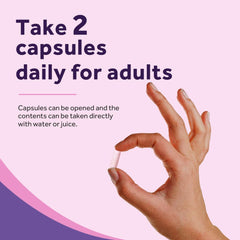 Doctors Recipes digestive supplement capsule held between fingers with Take 2 capsules daily probiotics for women 50 billion CFU