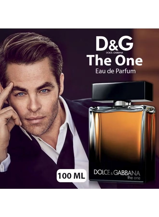 Dolce & Gabbana The One for Men 100ml Eau de Parfum with a stylish bottle and model in the background