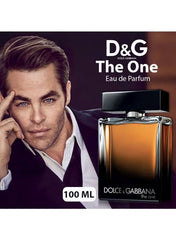 Dolce & Gabbana The One for Men 100ml Eau de Parfum with a stylish bottle and model in the background