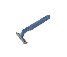 Disposable men's single-blade razor with dark blue plastic handle and metal blade