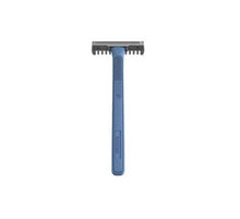 Single-blade disposable razor with dark blue plastic handle