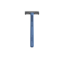 Single-blade disposable razor with dark blue handle and multi-slot head