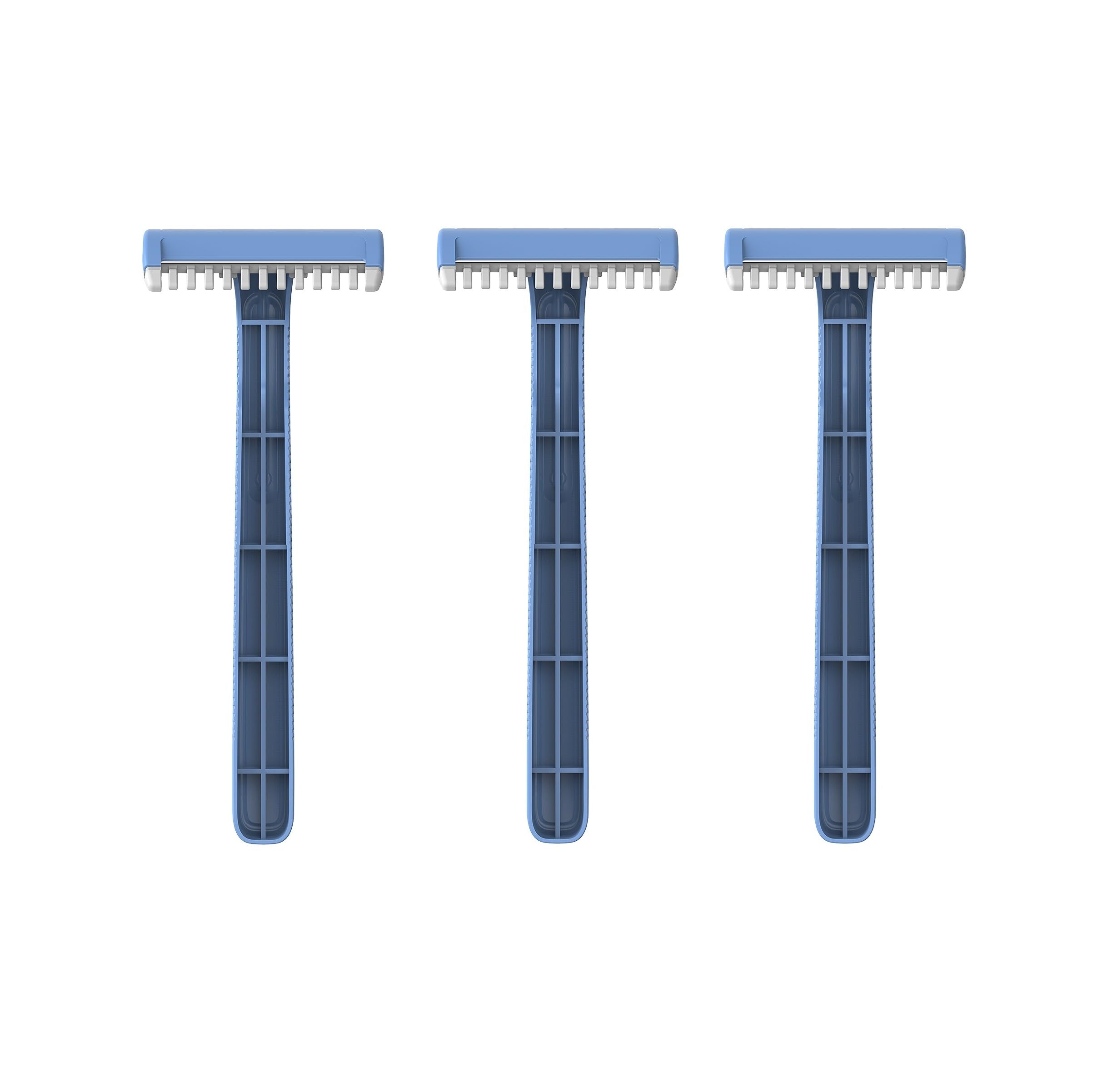 Set of three blue men's disposable razors UAE on white background for quick shaving