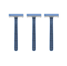 Set of three disposable single-blade razors with dark blue handles
