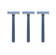 Three single-blade disposable razors with dark blue handles, side by side