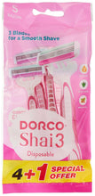 Dorco Shai3 disposable razor pack, pink pouch with 4+1 offer and three blades.