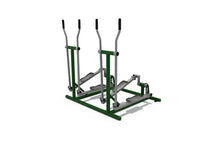 Dual user cardio fitness trainer with two upright handles and twin foot pads on green base