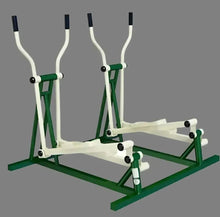 Dual user cardio fitness trainer with white frame, green rails, and foot platforms