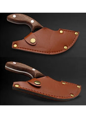 Huitich double-hole meat cutting knife with wooden handle and brown leather sheath