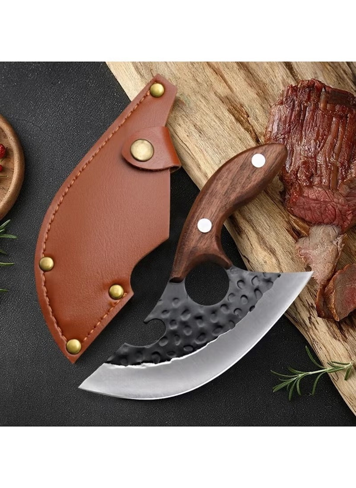 Huitich double-hole meat cutting knife with wooden handle and leather sheath on wood board