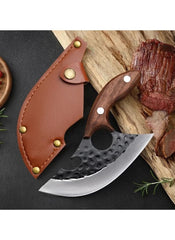 Huitich double-hole meat cutting knife with wooden handle and leather sheath on wood board