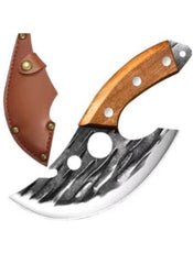 Huitich double-hole meat cutting knife with wooden handle and leather sheath for precision cutting