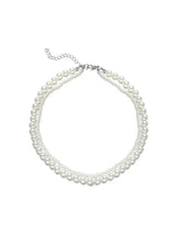 Double-layer pearl choker necklace with braided clasp and silver-tone chain
