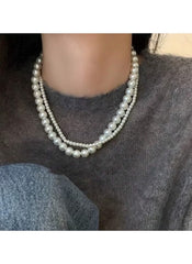 Huitich double layer pearl choker necklace with two strands of pearls worn on neck