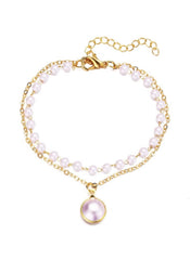 Huitich double layer pearl necklace for women with gold chain and round pendant