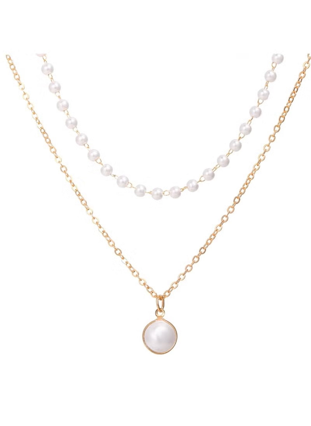 Huitich elegant double layer pearl necklace for women with gold chain and pearl pendant