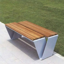 Metal outdoor bench with wooden slatted top and white side frames, double-sided style