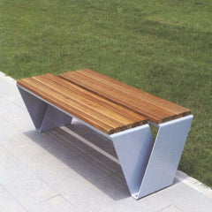 Stylish double-sided metal outdoor bench with wooden slats for parks and gardens