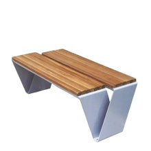 Wood slat metal bench with triangular end supports, double-sided look, outdoor seating
