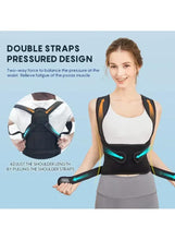 Posture corrector with double shoulder straps, black brace with turquoise trim