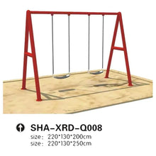 Red double swing set frame with multiple hanging swings on platform base