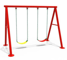 Red double swing set frame with two hanging swing seats and chains