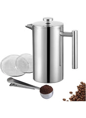 Huitich double wall stainless steel french press coffee maker with stainless handle and coffee scoop