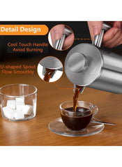 Huitich double wall stainless steel french press pouring coffee into a glass cup with cool touch handle