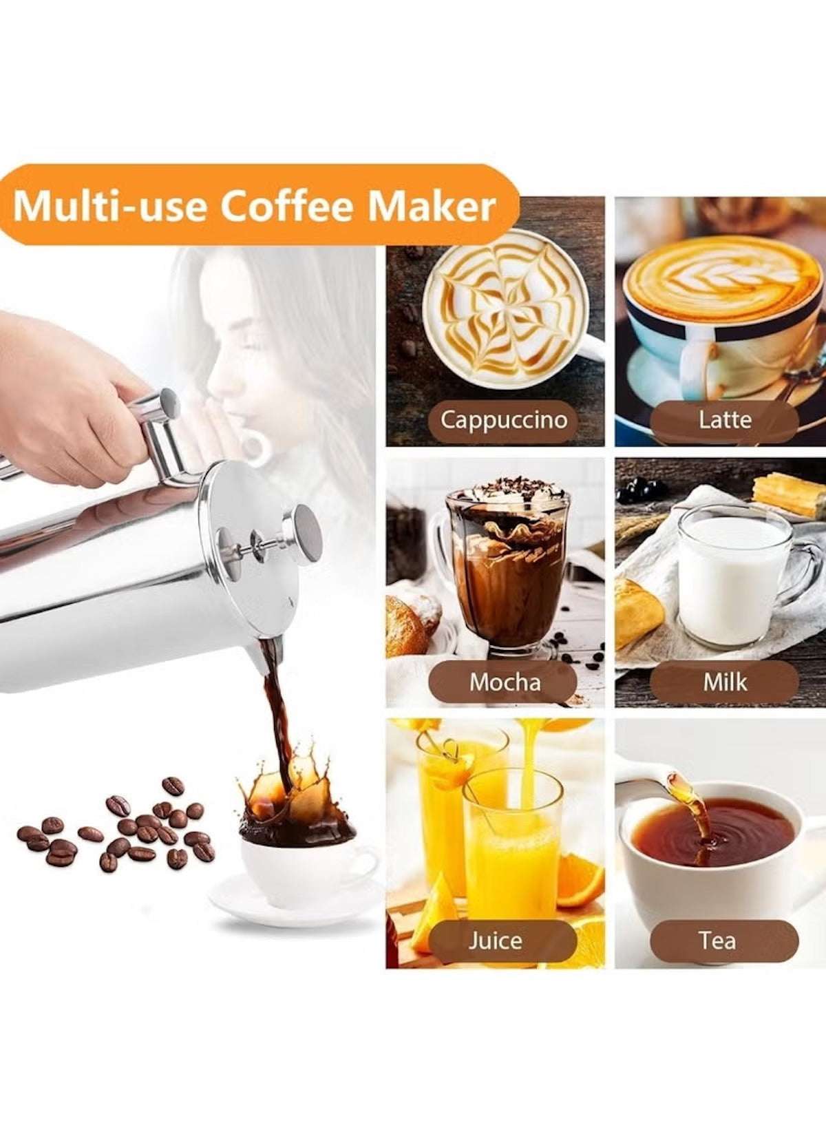 Huitich double wall stainless steel french press pouring coffee with cappuccino latte mocha milk juice and tea