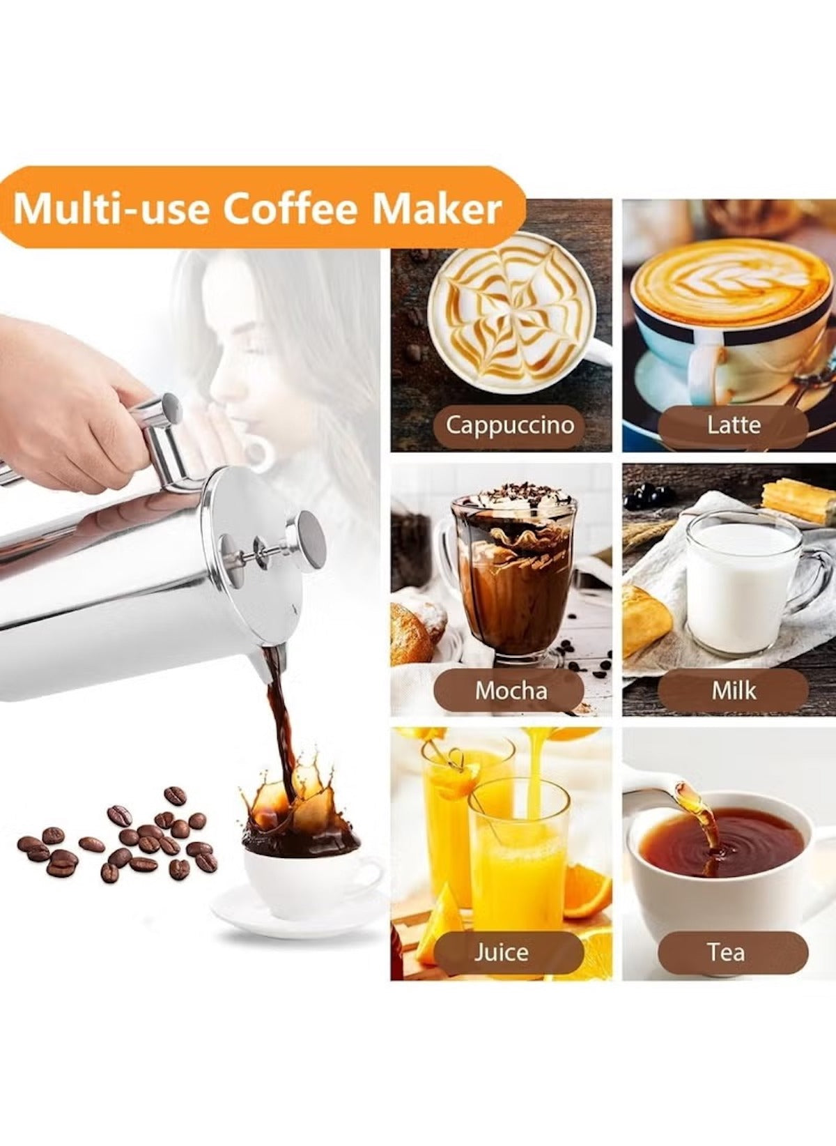 Huitich double wall stainless steel french press pouring coffee with cappuccino latte mocha milk juice and tea
