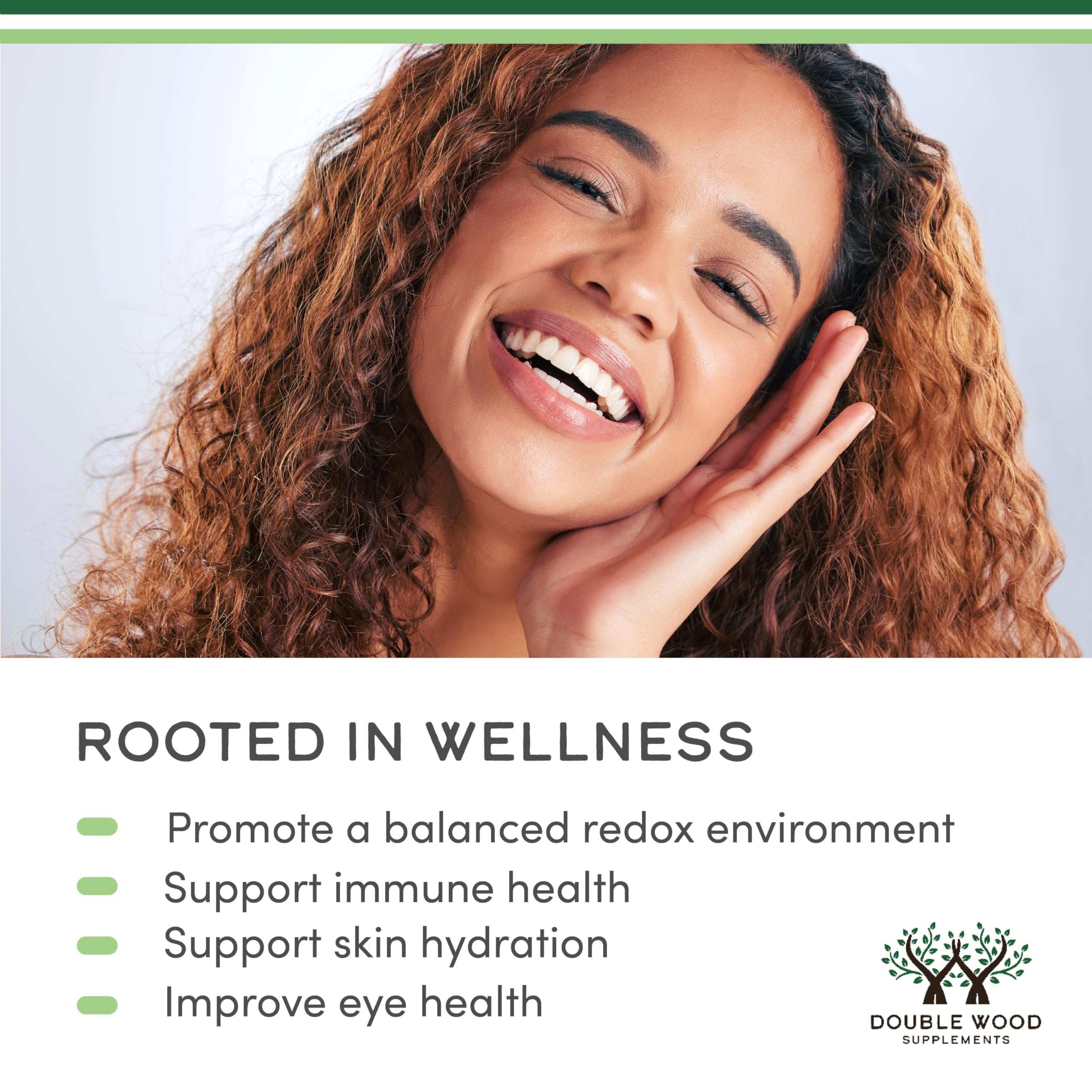 Double Wood Supplements astaxanthin supplement 12mg ad image with smiling woman and wellness benefits list