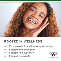 Double Wood Supplements astaxanthin supplement 12mg ad image with smiling woman and wellness benefits list