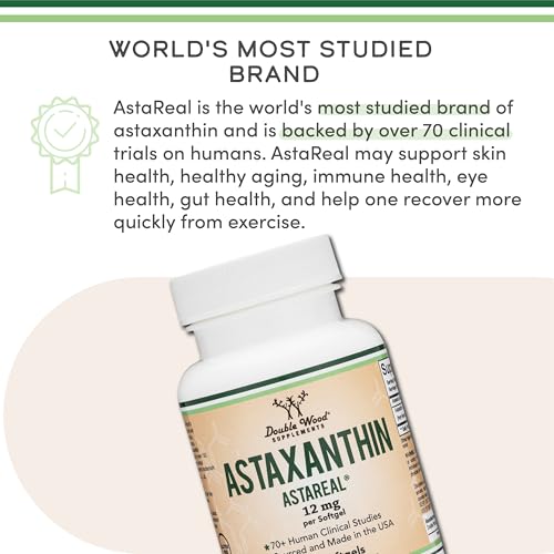 Double Wood Supplements astaxanthin supplement 12mg bottle with AstaReal label and claims
