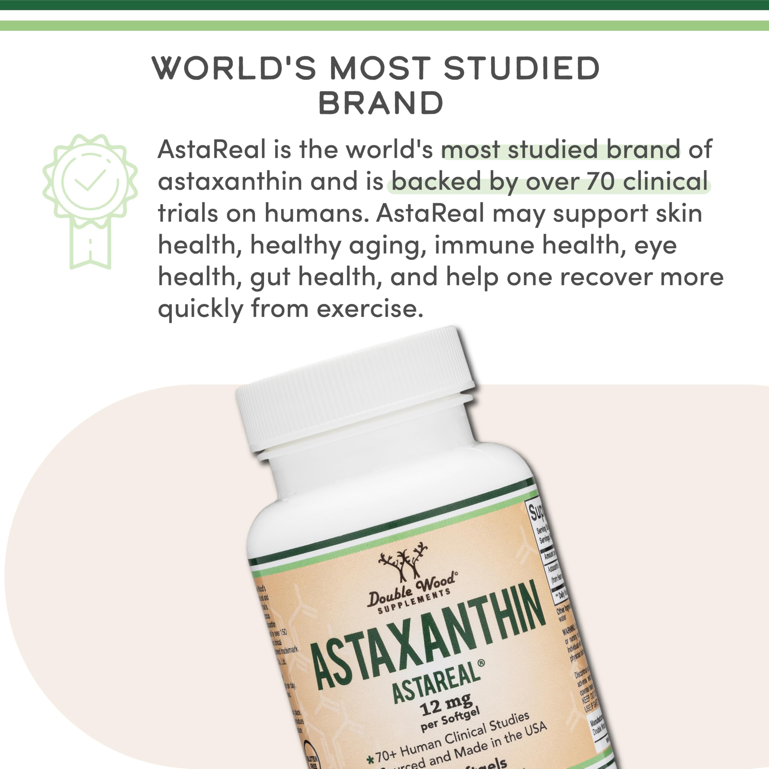 Double Wood Supplements Astaxanthin bottle showing AstaReal 12 mg per softgel astaxanthin supplement 12mg