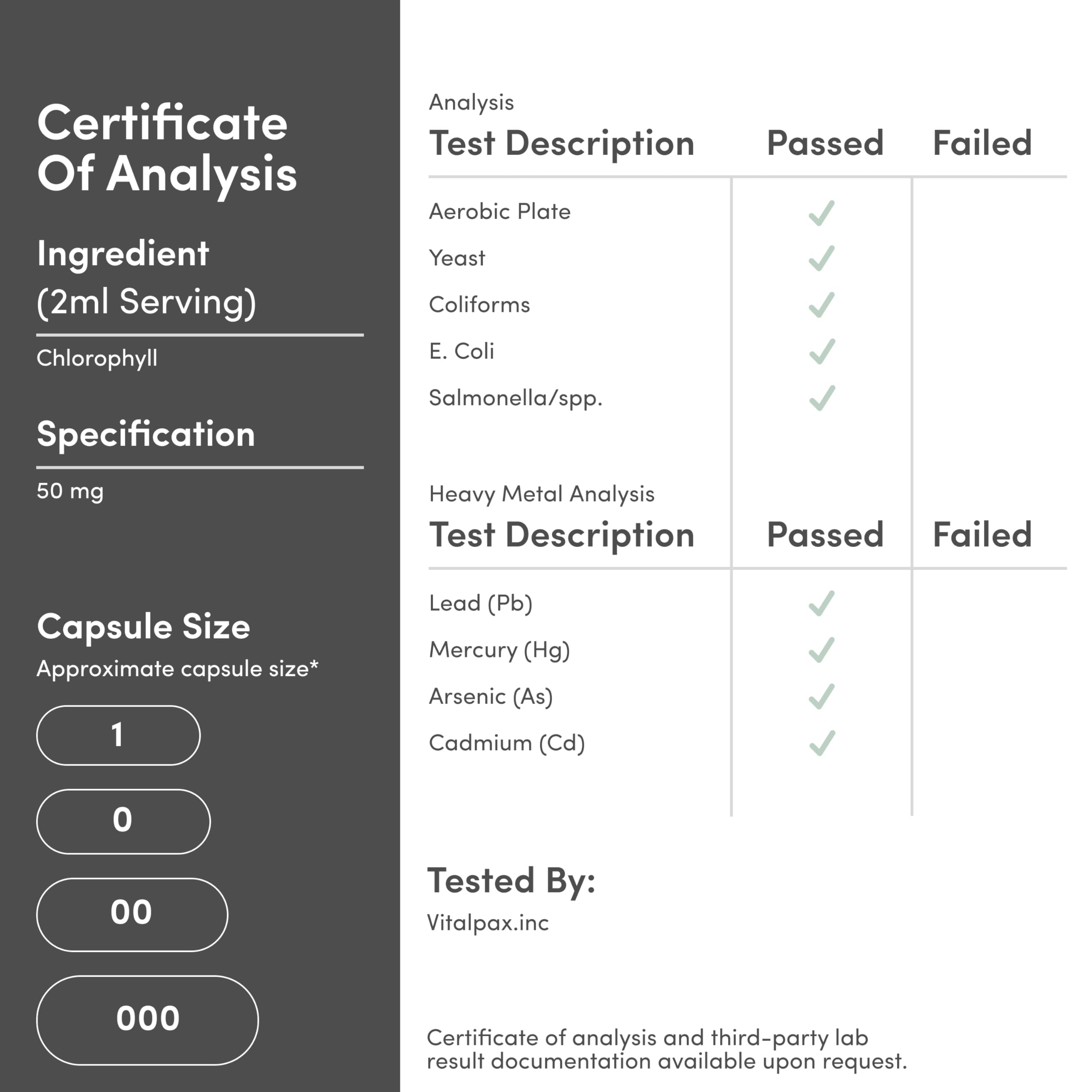 Double Wood Supplements certificate of analysis for chlorophyll liquid drops 2ml serving 50 mg lab tested heavy metals passed