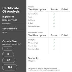 Double Wood Supplements certificate of analysis for chlorophyll liquid drops 2ml serving 50 mg lab tested heavy metals passed