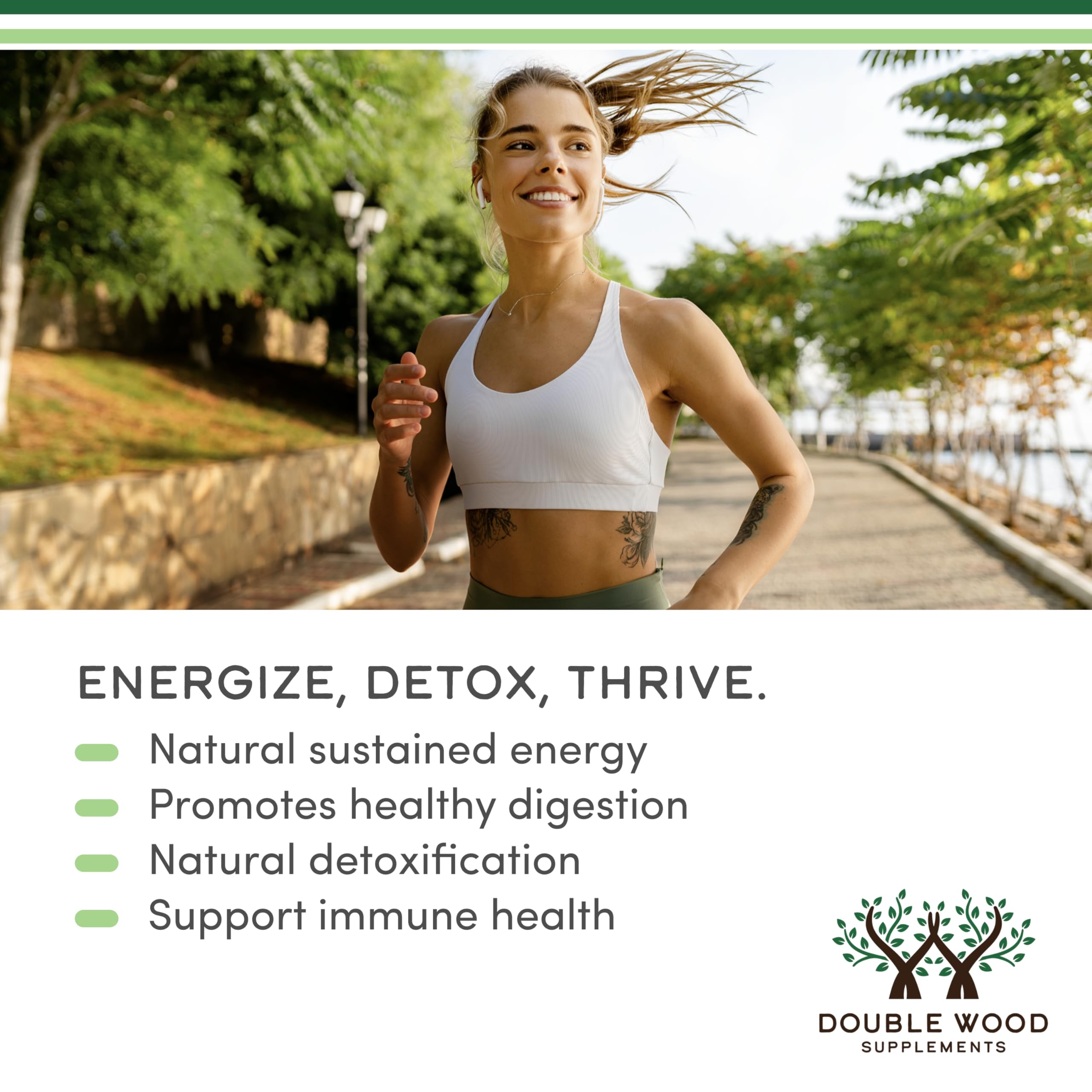 Double Wood Supplements chlorophyll liquid drops banner with smiling woman jogging and benefits