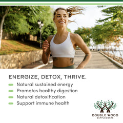 Double Wood Supplements chlorophyll liquid drops banner with smiling woman jogging and benefits