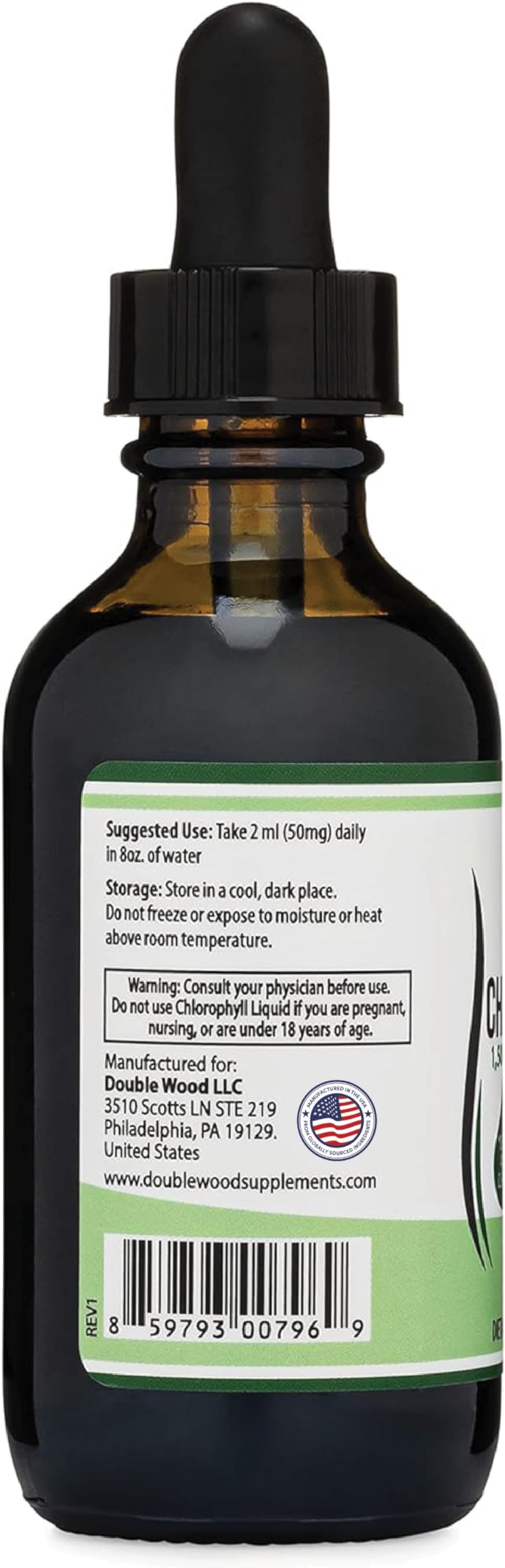 Double Wood Supplements amber glass dropper bottle showing back label with usage instructions and chlorophyll liquid drops