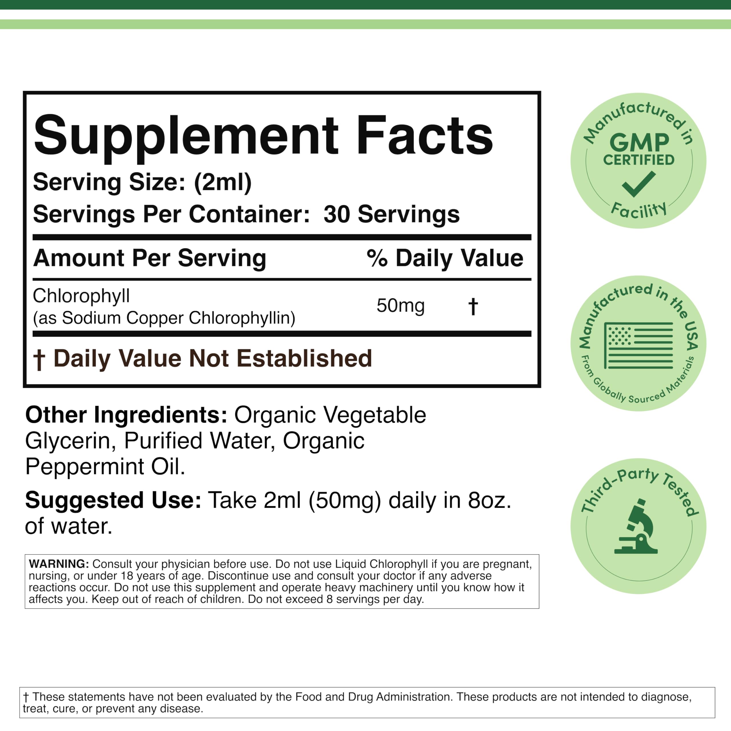 Double Wood Supplements label for chlorophyll liquid drops showing Supplement Facts 50mg per 2ml 30 servings usage and GMP